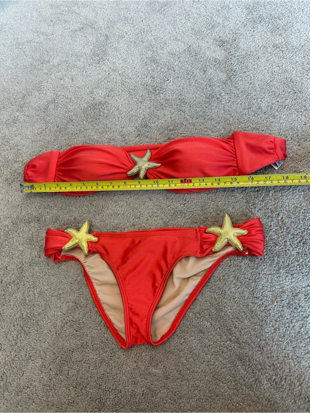 Luli Fama Coral Red Bandeau Bikini Gold Starfish 2-Piece Swimsuit XS NWOT - Picture 5 of 11
